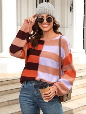 So Me Multi Colored Striped Womens Crew Neck Sweater L